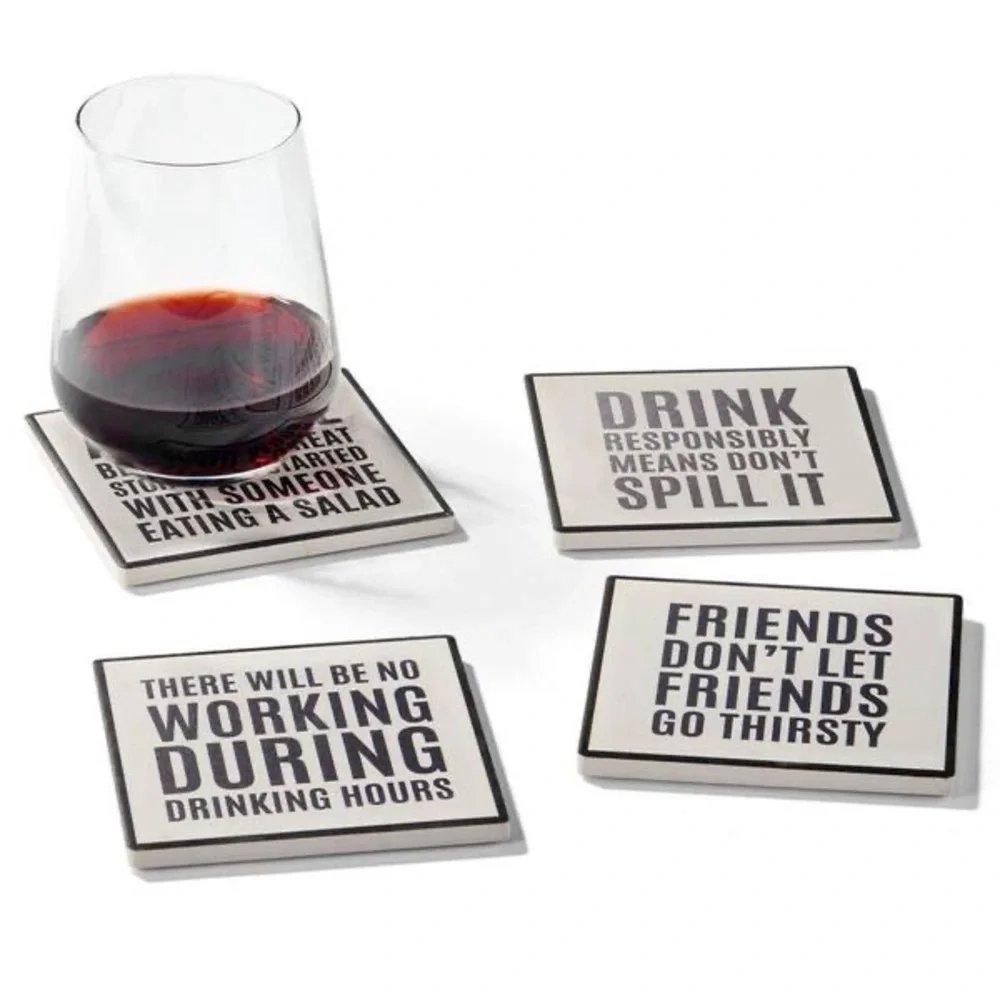 American Atelier Work Hour Happy Hour S/4 Ceramic Coasters NWT